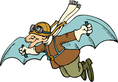 Cartoon of man flying with wings' invention
